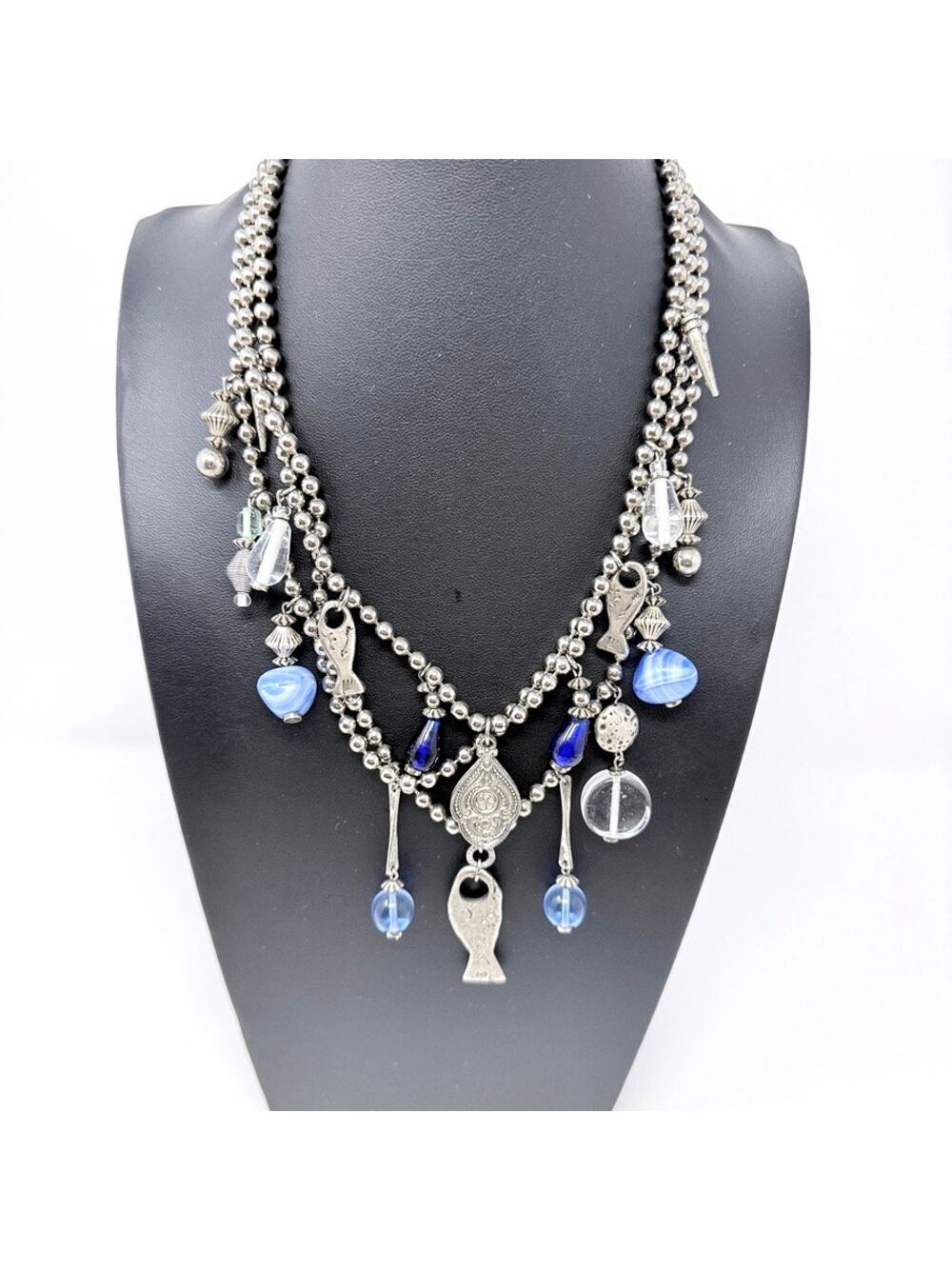 Vintage Boho Tribal Fish Charm Blue Glass Bead 3 Strand Statement Necklace